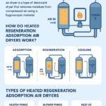 Infographic on heated regeneration adsorption air dryers, showing adsorption, heated regeneration, cooling stages, and types: heated purge, blower purge, and heat of compression (HOC).