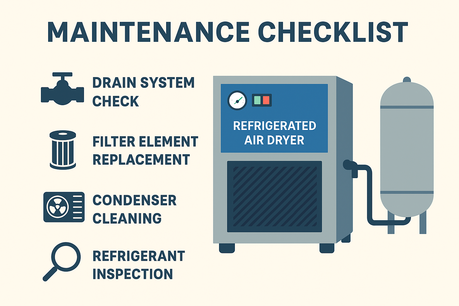 200 CFM refrigerated air dryer infographic with installation/setup tips, energy-saving best practices, and a routine maintenance checklist.