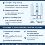 Modular heatless desiccant air dryer infographic showing drying/adsorption, regeneration with purge air, and module switching, plus benefits and selection factors like dew point and flow capacity.