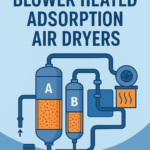 Infographic guide to blower heated adsorption air dryers, showing what it is, how it works (adsorption, heated blower regeneration, cooling, tower switching), and key benefits like energy savings and low stable dew point.