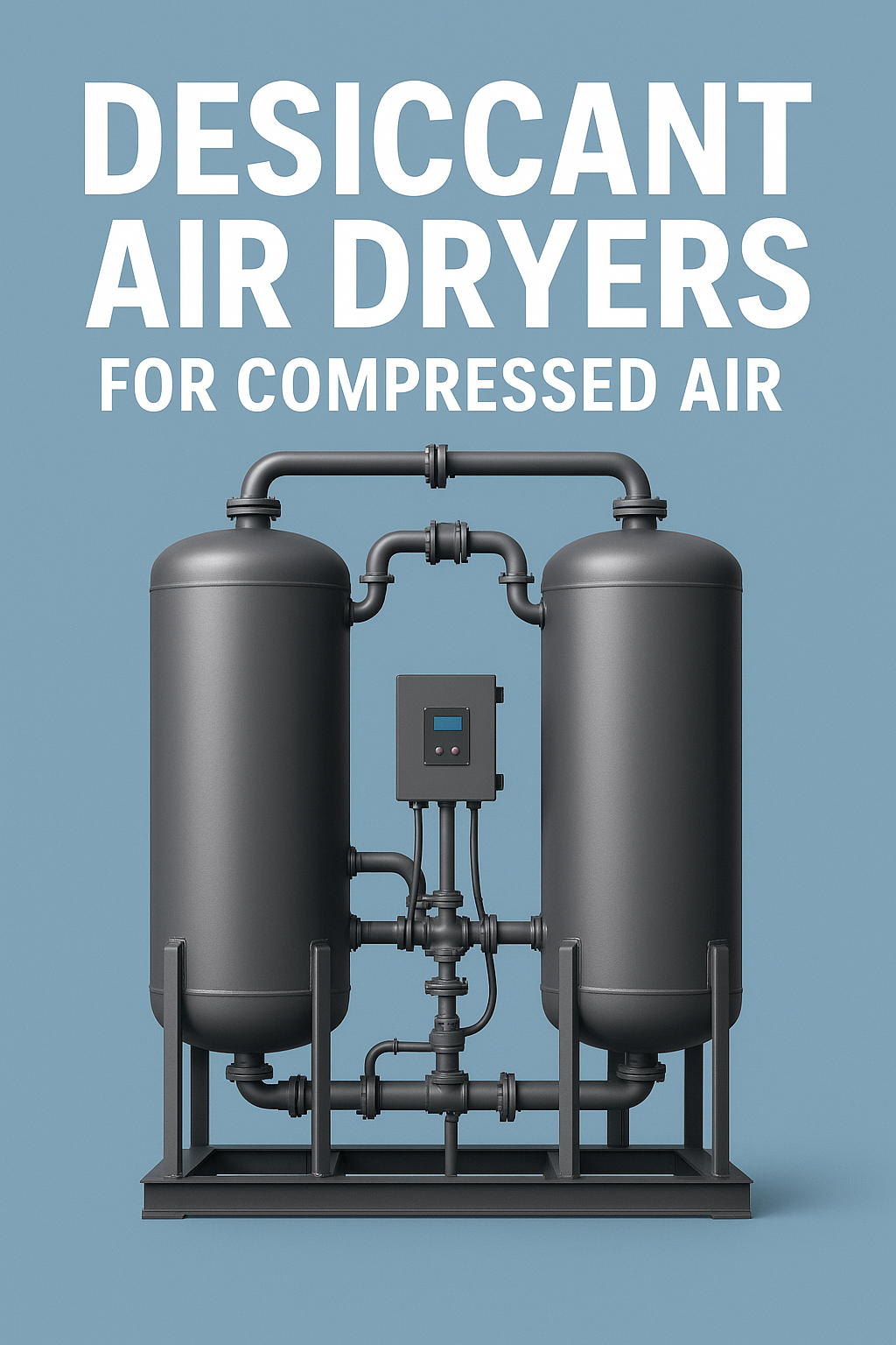 Infographic on desiccant air dryers for compressed air, explaining why drying is needed, desiccant media (silica gel, activated alumina, molecular sieve), dryer types (heatless, heated, blower purge), key benefits, and selection tips.