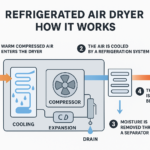 Refrigerated air dryer infographic (how it works and why it matters), defining the dryer and showing steps: hot compressed air in, cooling, moisture removal via separator/drain, then reheating before outlet.