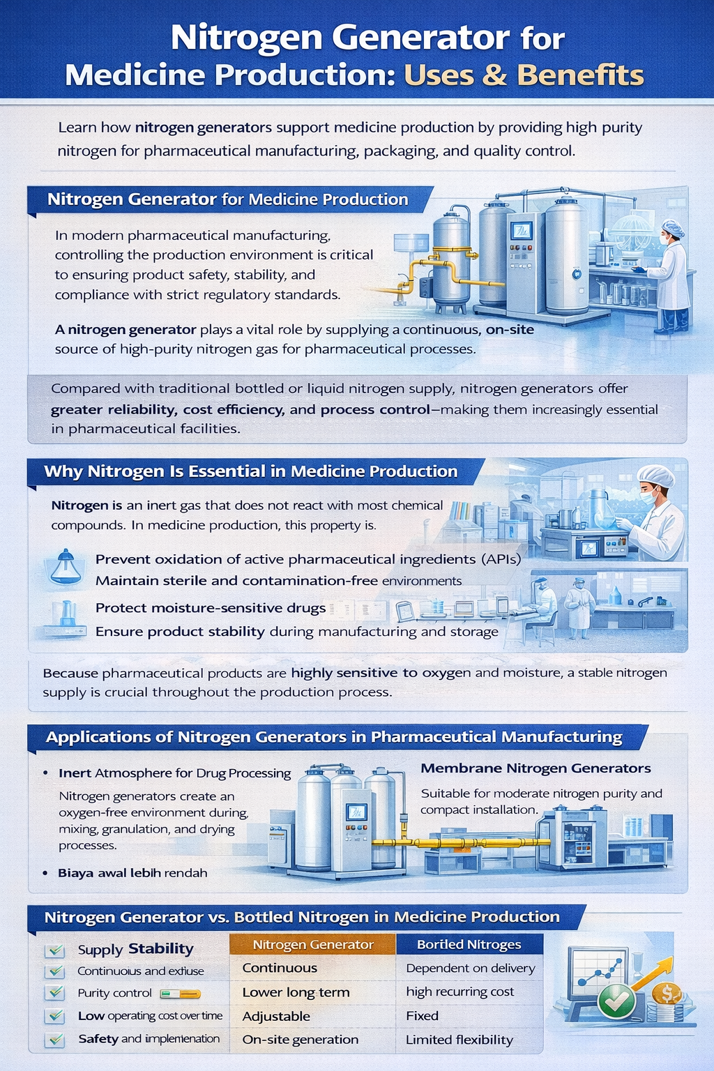 Nitrogen generator for pharmaceutical production infographic—uses and benefits for APIs, sterile processing, packaging, and stable high-purity N2 supply.