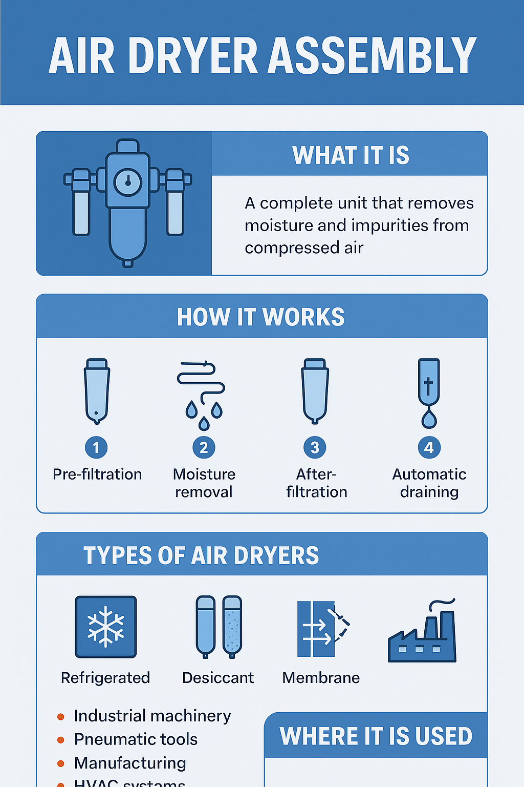 Air dryer assembly infographic—pre-filtration, moisture removal, after-filtration, automatic draining, plus refrigerated/desiccant/membrane dryer types.
