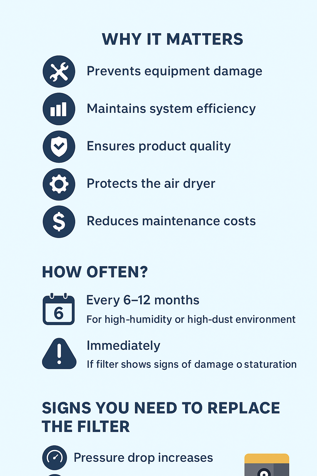 Air dryer filter replacement infographic—why it matters, how often (every 6–12 months), and signs like increased pressure drop.
