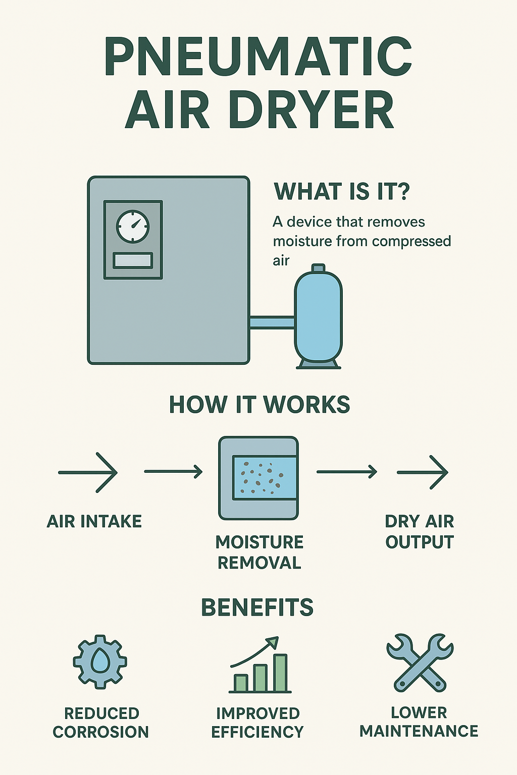Pneumatic air dryer infographic—removes moisture from compressed air, showing intake-to-dry output flow and benefits like less corrosion and lower maintenance.