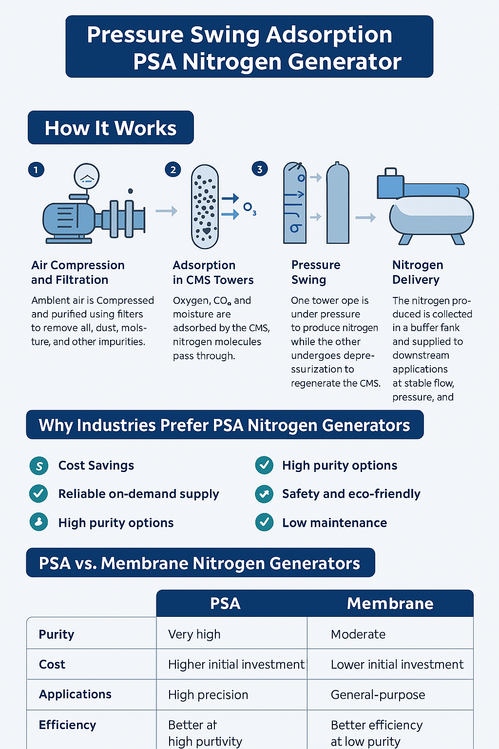 PSA nitrogen generator infographic—how pressure swing adsorption works (CMS towers), key benefits, and PSA vs membrane comparison.