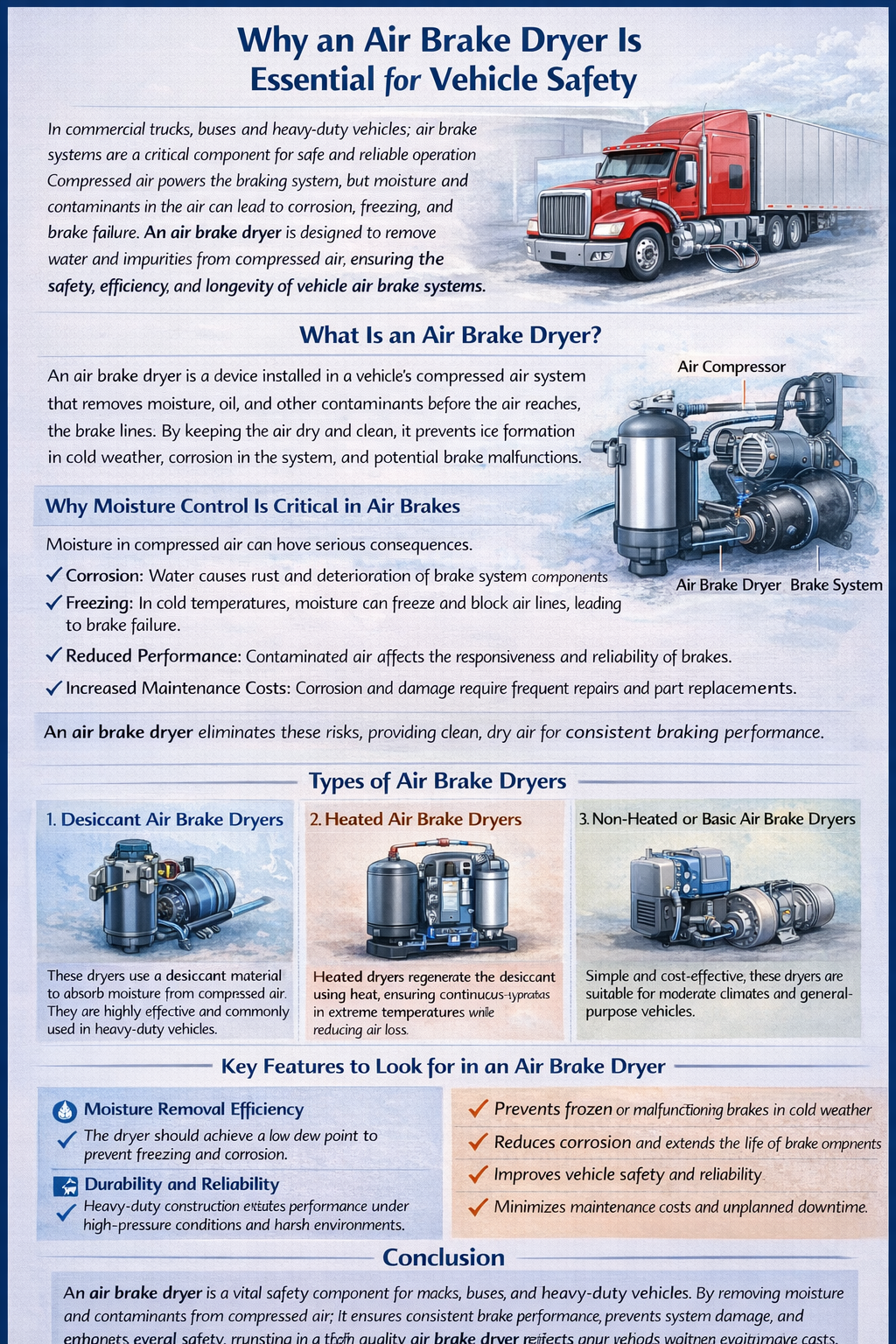 Air brake dryer infographic for truck safety—removes moisture from compressed air to prevent freezing, corrosion, and brake failure.