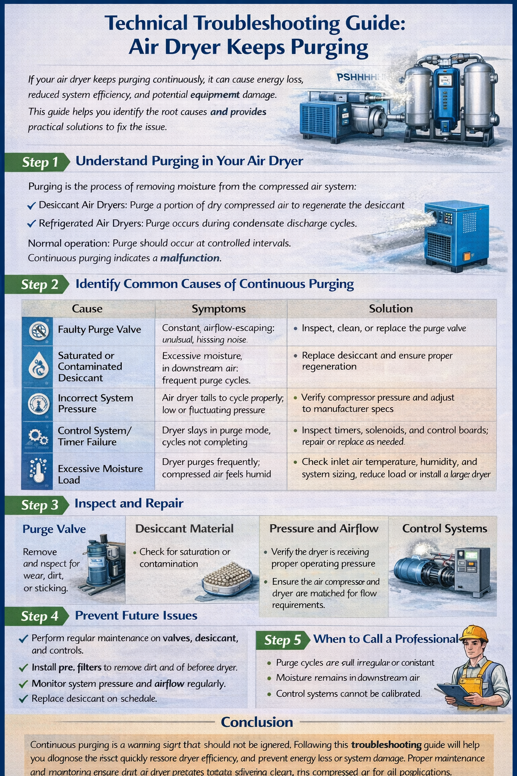 Infographic on air dryer keeps purging—compressed air dryer troubleshooting causes (purge valve, desiccant, pressure, controls) and fixes.