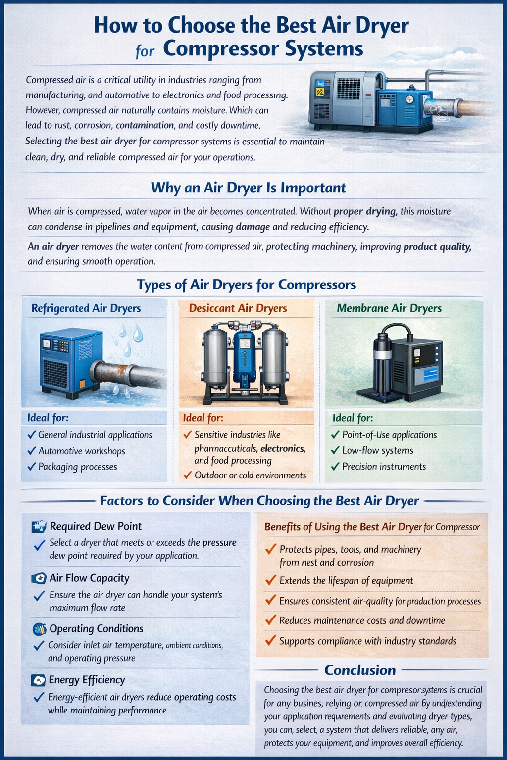 Air dryer selection infographic for compressor systems—refrigerated vs desiccant vs membrane, with dew point, flow, and efficiency tips.