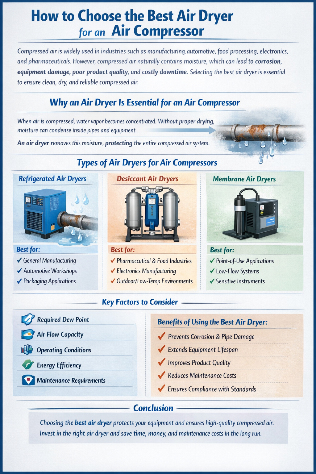 Air compressor air dryer infographic—refrigerated vs desiccant vs membrane, with dew point, flow capacity, and energy efficiency tips.