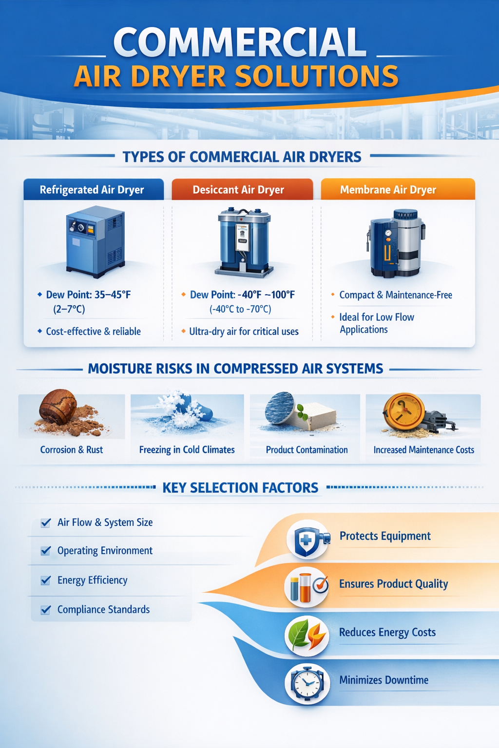 Commercial Air Dryer infographic showing types of air dryers, moisture removal, and compressed air system optimization