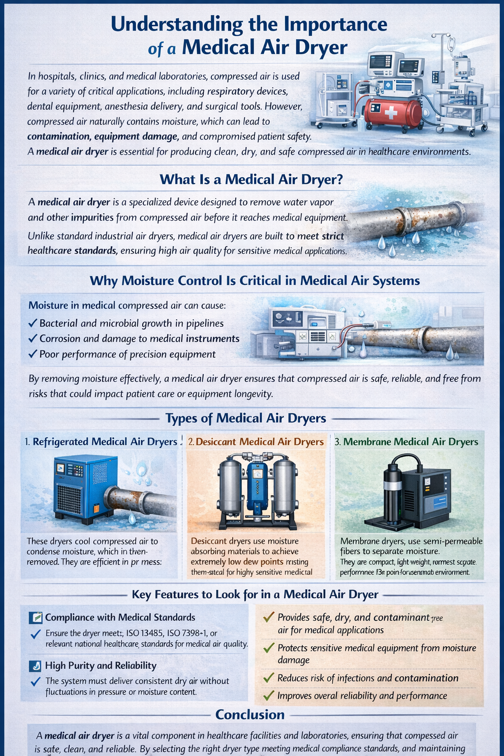 Medical air dryer infographic—removes moisture from compressed air in hospitals to prevent contamination, corrosion, and equipment damage.