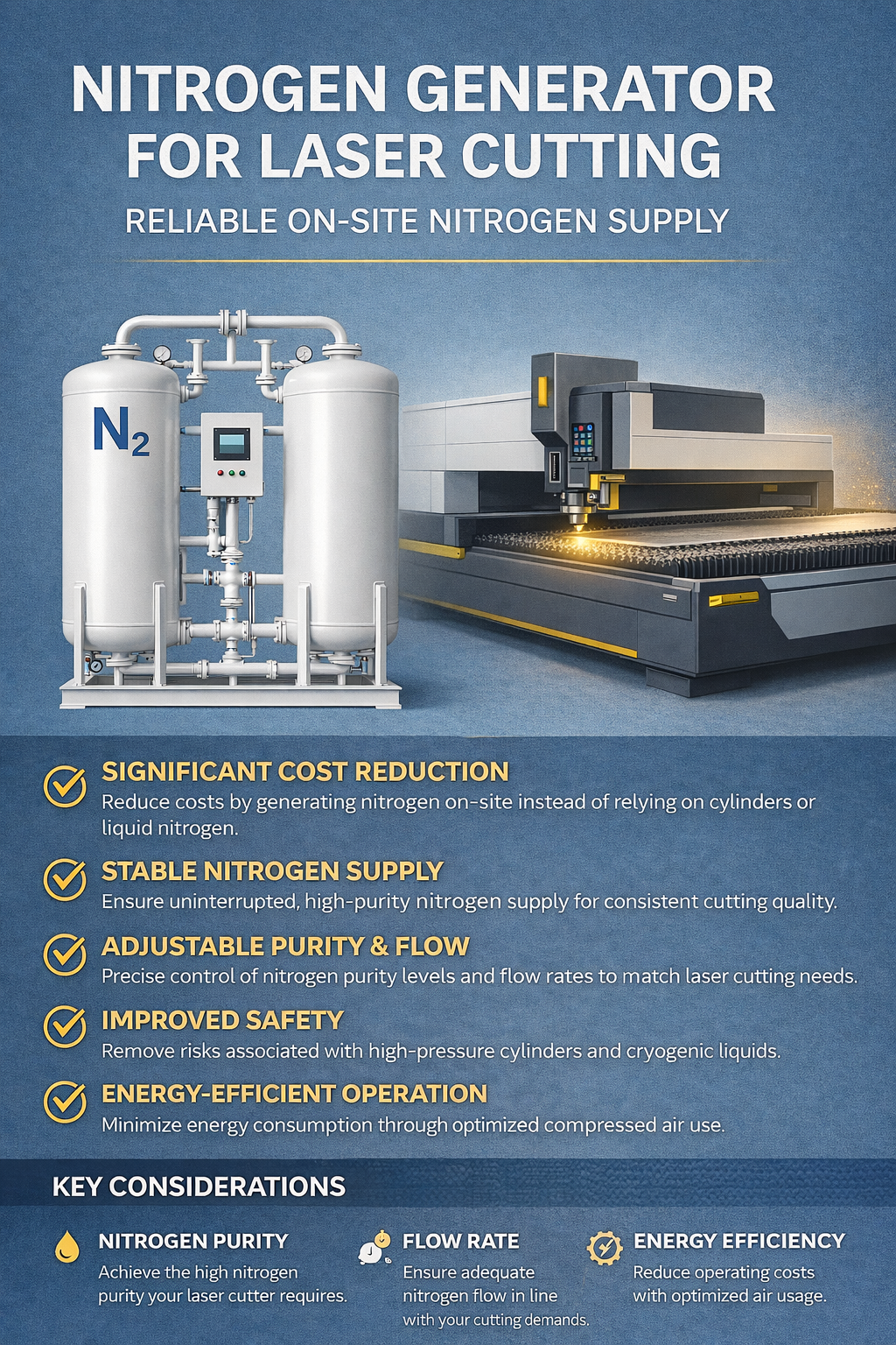 Nitrogen generator for laser cutting infographic—on-site N2 supply with cost savings, stable purity/flow, improved safety, and energy efficiency.