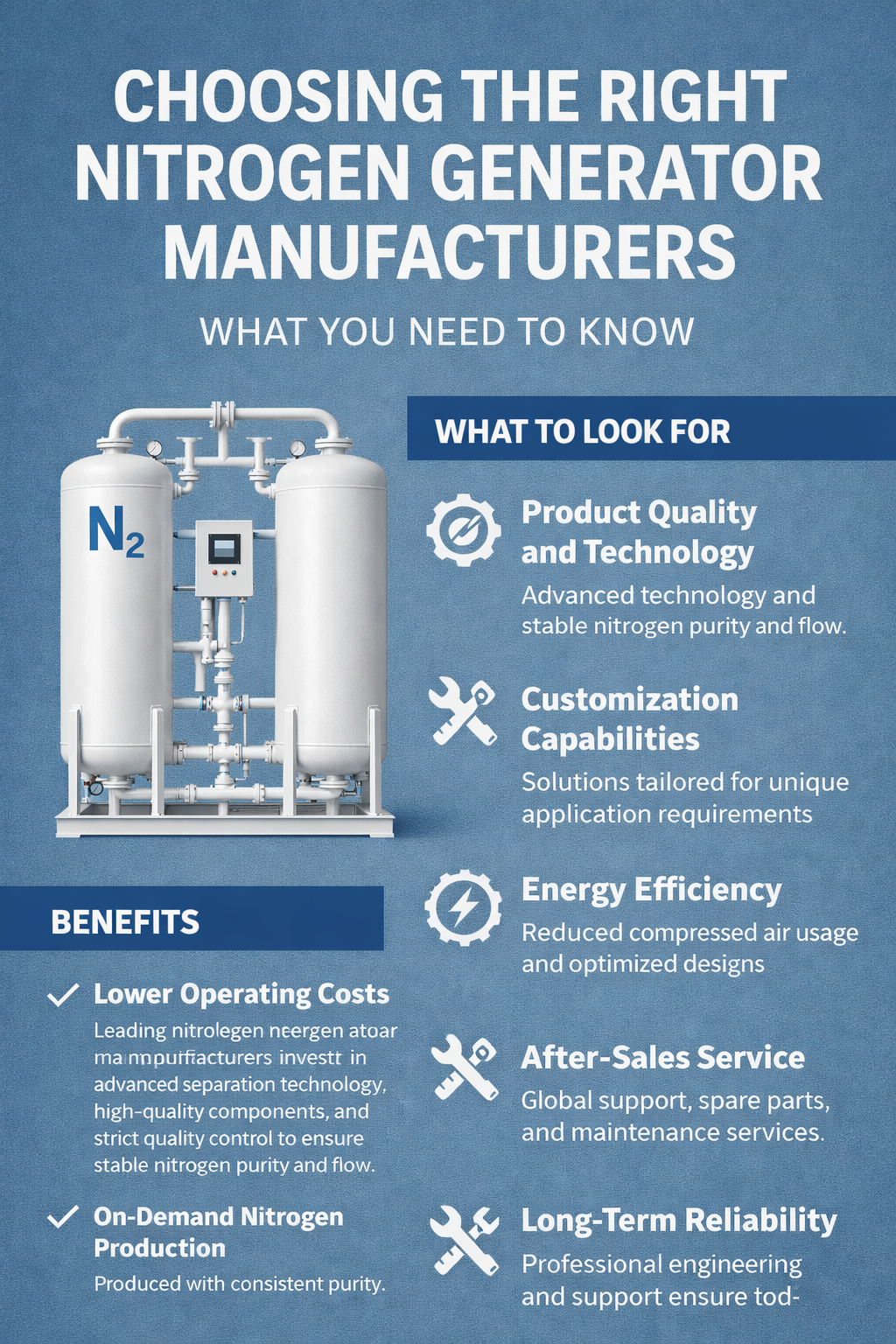 Nitrogen generator manufacturers infographic—how to choose the right supplier: quality, customization, energy efficiency, after-sales service, and reliability.