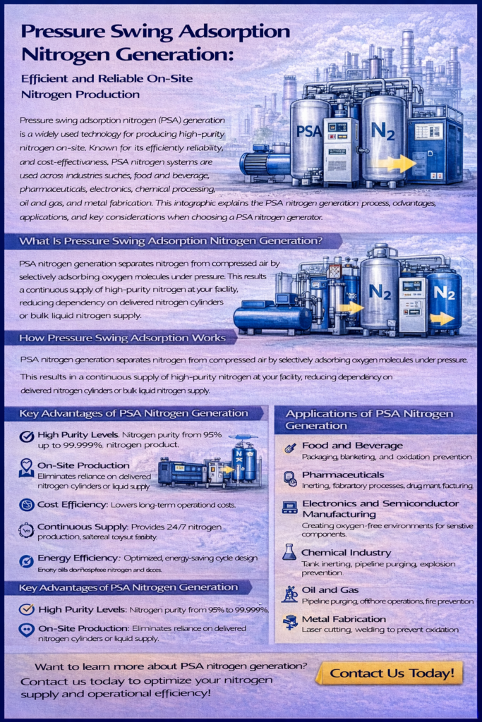 Infographic explaining pressure swing adsorption nitrogen generation, showing PSA process steps, high-purity nitrogen production, key advantages, and industrial applications.