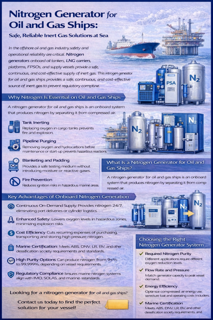 Infographic showing a nitrogen generator for oil and gas ships, explaining onboard nitrogen production, tank inerting, pipeline purging, marine certification, and key advantages of safe inert gas supply at sea.